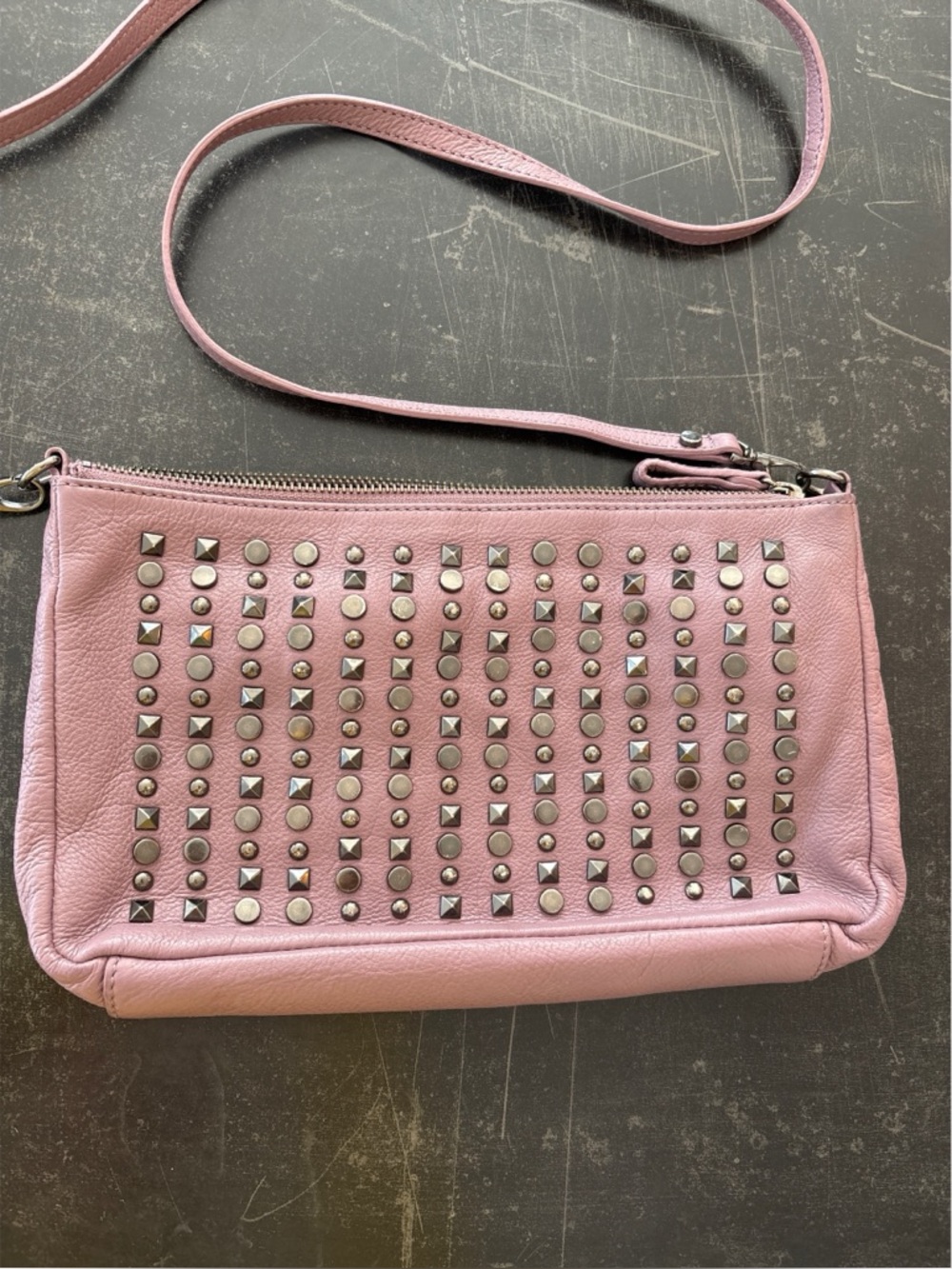 Kenneth Cole Studded Mauve Leather & Gunmetal Hardware Crossbody Bag